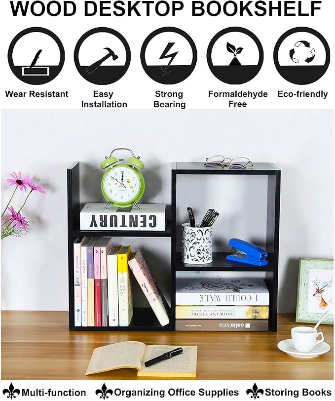 Desktop Shelf Freestanding Wooden Small Bookshelf Desk Supplies Organizers and Accessories Storage Display Rack Office Dorm Decor for Women, Black