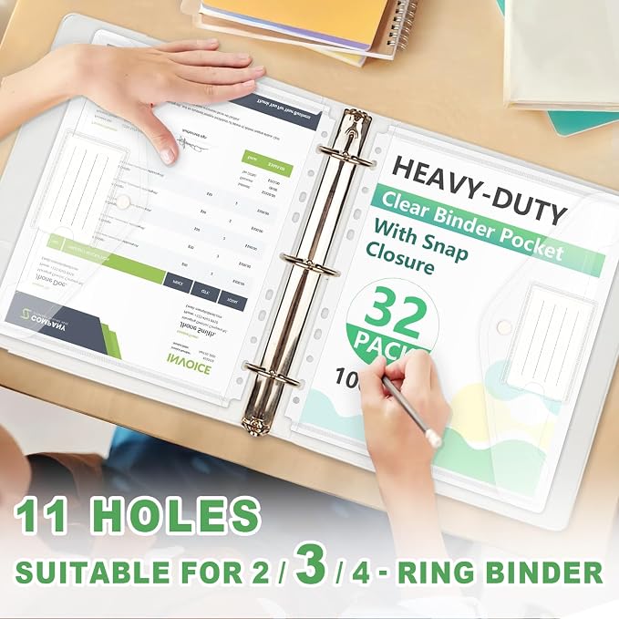 HOUYEE 32 Pack Heavy-Duty Clear Binder Pocket Folders for 2/3/4 Ring Binder | 11 Holes Binder Envelopes with Snap Closure, Plastic Clear Binder Folders for Office, 8 Mil,100 Sheet Capacity, Letter Size