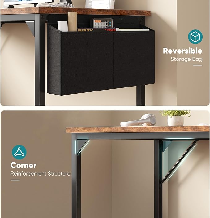 OLIXIS Computer Desk, 63 Inch Gaming Desks for Home Office Small Spaces | Writing Study Craft Work Table, Computer Workstation for Bedroom with Storage Bag, Rustic Brown