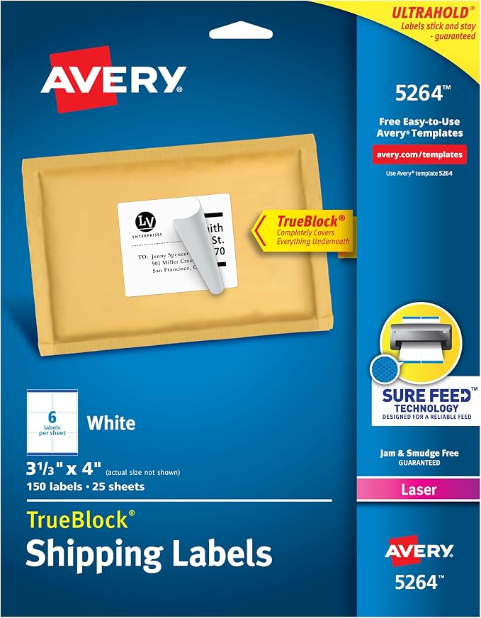 Avery Shipping Address Labels,Laser Printers,150 Labels, 3-1/3x4, Permanent Adhesive, TrueBlock,5 Packs (5264)