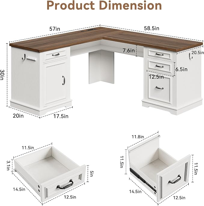 Farmhouse L Shaped Executive Desk with 4 Drawers, Home Office Desk with Hidden Under-Desk Storage Shelf and Charging Station, File Cabinet Storage, Wood Corner Computer Desk for Work(White+Brown)