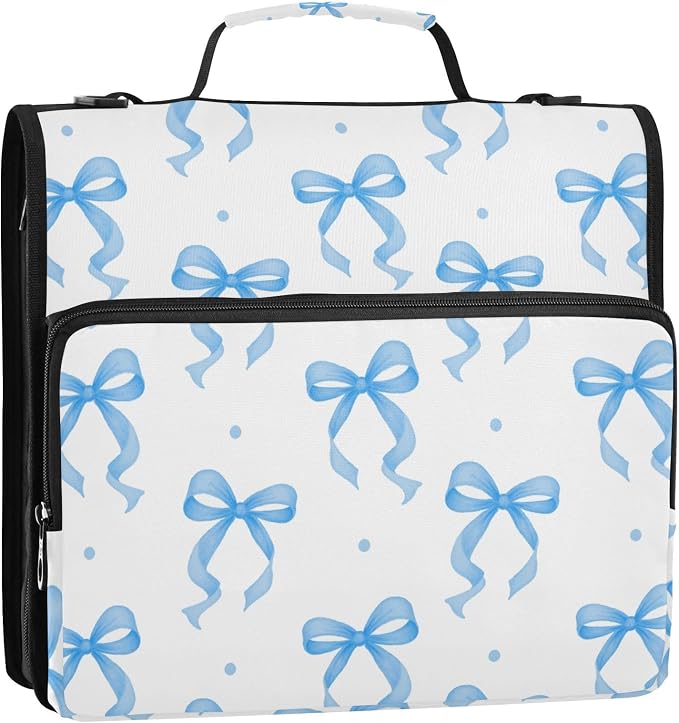 3 D-Ring Zipper Binder Bag, Blue Ribbon Bow Dots Pattern Removable Binder with Zipper Case Hold 300+ Sheets& 13 Inch Laptop for School Office Supplies Organizer