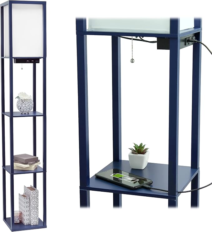 Simple Designs LF1037-NAV-LB Three Shelf Etagere Organizer Storage Floor Lamp with 2 Dual USB Ports and Charging Outlet, Navy Blue, with Feit LED Bulb Included