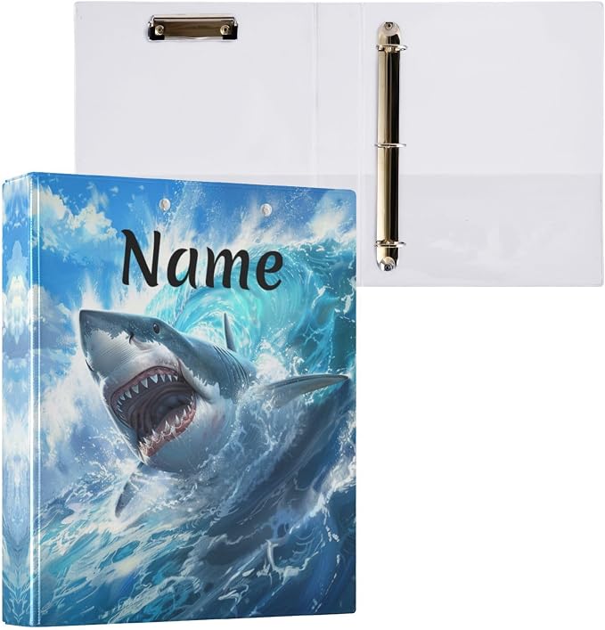 Custom 3 Ring Binder Cute Shark Blue Ocean Wave 1.5" Round Ring Binders Personalized Name View Binder with 200 Sheet for Kids School Supplies Women Men Office, 1 Pack