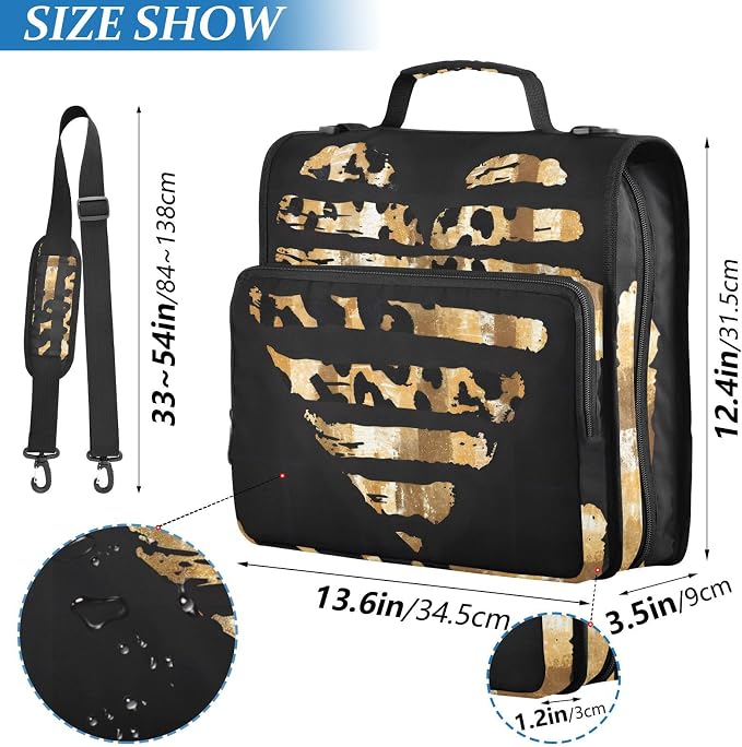 3 Ring Zipper Binder with Shoulder Strap Leopard Skin Golden Heart 1.5 inch Binders Keeper Large Capacity Multi Pockets for School Office Supplies