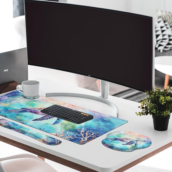 Keyboard Mouse Pad Set, 4 in 1 Desk Mat Set, Sea Turtle Cute | Ocean Large Mousepad+Keyboard Wrist Rest+Mouse Wrist Rest+Coaster Ergonomic Design for Home Office Computer