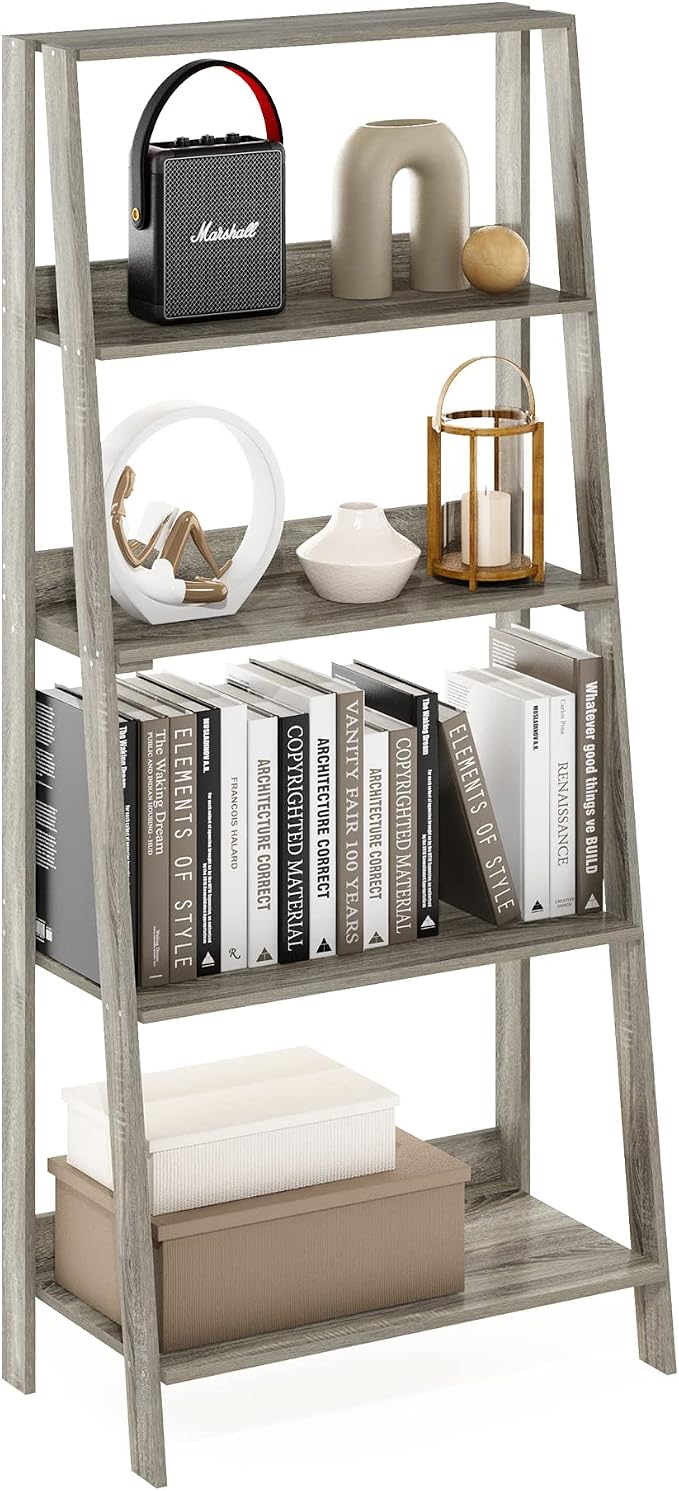 Furinno Ladder Bookcase Display Shelf, 5-Tier, French Oak | 13 x 23.6 x 53.5, Open Frame Design Bookshelf, Display Storage Shelves, for Living Room, Home Office