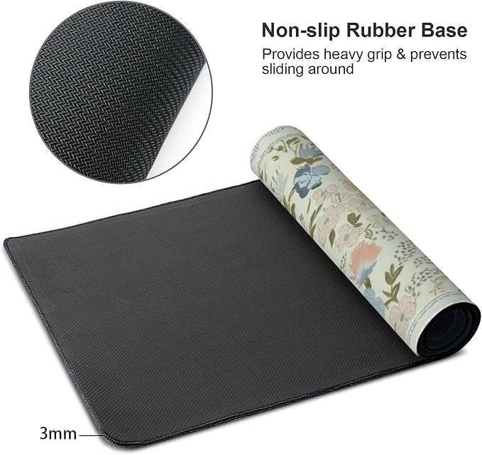 Sage Green Floral XXL Desk Pad, Extra Large Mouse Pad with Anti-Slip Base & Stitched Edges, Desk Mat for Keyboard and Mouse, Aesthetic Office Decor & Desk Accessories for Women, Home & Office