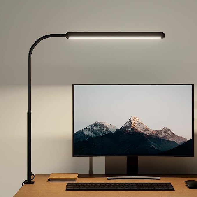 SUPERDANNY Eye-Caring LED Desk Lamp Work Lamp Office Lamp with Side Clamp | Black, Touch Control, 360° Flexible Gooseneck, 3 Modes Smooth Dimming, Memory Function, Adapter, Metal, for Home Office Dorm
