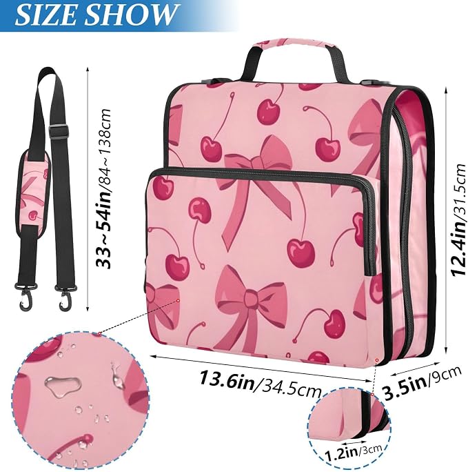 Bow Cherry Pink Zipper Binder Bag 3 Ring Binder with Shoulder Strap Zip Up 500 Sheets Capacity Multi Pockets for School Office Supplies