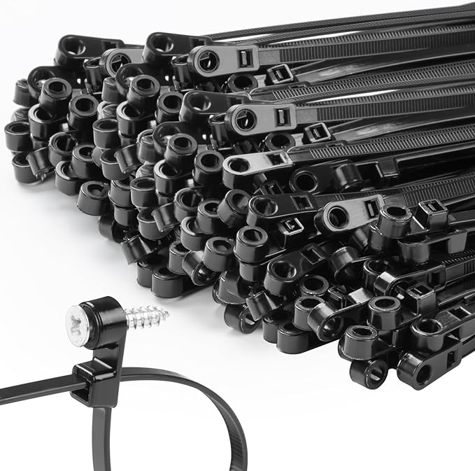 MasiStranth 1000 PCS 12 inch Black Zip Ties with Screw Hole 70lbs Mountable head Cable Ties Straps Multipurpose Heavy Duty Nylon Cable Zip Ties with Screw Mounting Hole