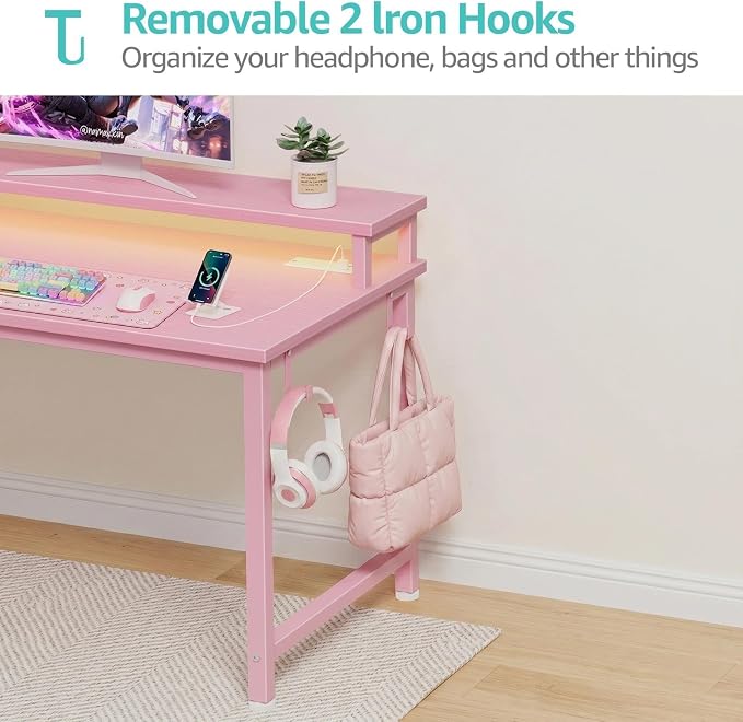 Lufeiya Small Girls Desk with Power Outlets and LED Lights, 32 Inch Gaming Desk Table with Charging Station, Home Office Computer Desks with Monitor, Pink