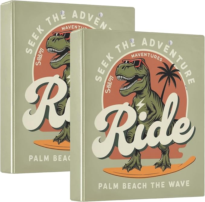 Cool Dinosaur Dino Round Ring Binders 1.5 Inch Palm Beach Surfing Dragon 3 Ring Clipboard Binder for Office School Work Supplies File Folder Document 200 Sheet Capacity Easy Open