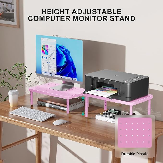 WALI Computer Monitor Stand for Desk, Adjustable Laptop Riser, up to 44 lbs | Desk Monitor Riser Underneath Storage, Fits Notebook, Laptops, Printers, for Home, Office, School (PTT001-P),1 Pack, Pink