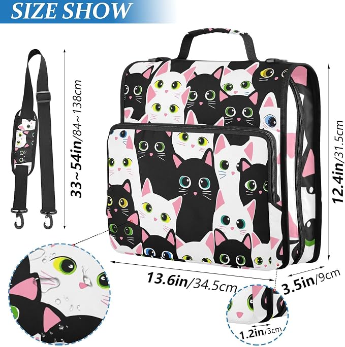 3 Ring Zipper Binder with Shoulder Strap Cat Black White Cartoon 2 Inch Zippered Binder Bag 500 Sheet Capacity Multi Pockets for School Supplies