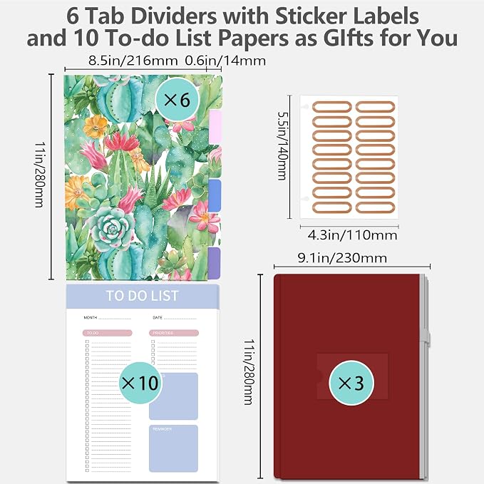 3 Ring Binder, 1 Inches Round Ring Binder with Clipboard, Dividers Tabs, PVC Zipper Bag Sleeves & to Do List Planners, Decorative Binder for School, Office Supplies-Cactus Flowers