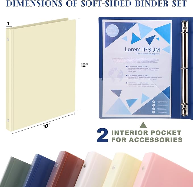 Fulmoon 6 Pack 1 Inch Plastic 3 Ring Binders with Pockets, Morandi Colors | Flexible Covers with Round Rings and Front Pockets for Organizing Papers at School, Office, Meetings and Presentations