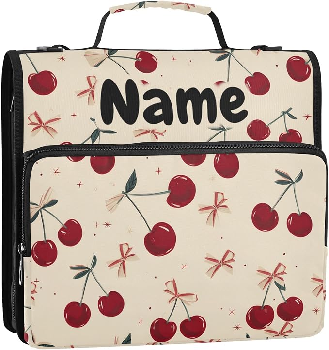 Custom Retro Bow Cherry 3 Ring Binder Bag 1.5 inch Personalized Name Binder Organizer 500 Sheet Documents Storage for School Office