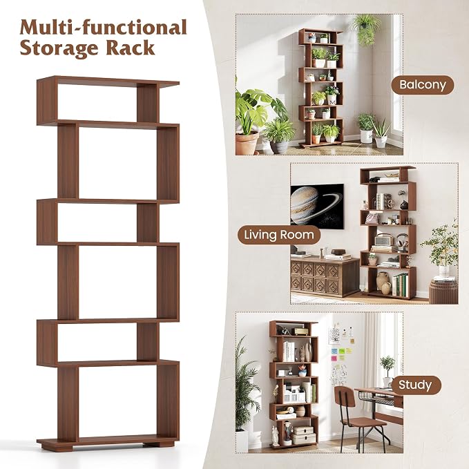 Tangkula 6-Tier S-Shaped Bookshelf, 64" Freestanding Geometric Bookcase, Home Office Wood Storage Shelf with Anti-Toppling Device, Room Divider Display Rack for Study, Living Room (1, Walnut)