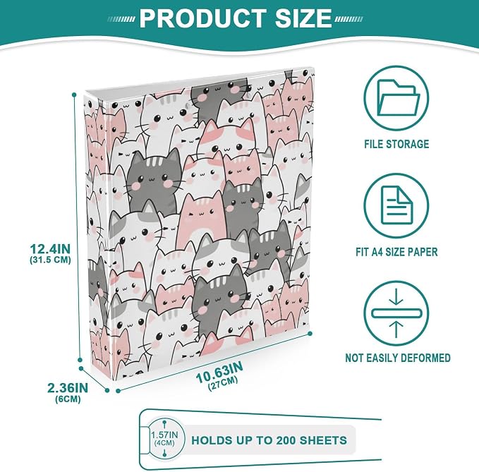 3 Ring Binder Cute Cats Kittens 1.5" Round Ring Binders View Binder with 200 Sheet for Kids School Supplies Women Men Office, 1 Pack