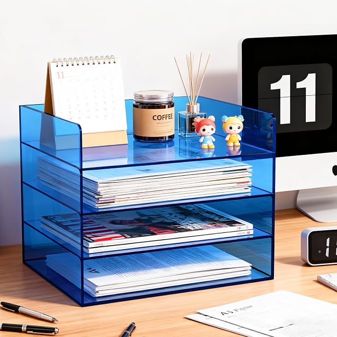 Gelite Acrylic File Organizer for Desk 4 Tiered Stackable Letter Tray Office Paper Storage Desktop Document Sorter, Blue