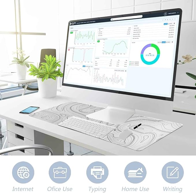 Large Extended Gaming Mouse Pad XXL 35.4x15.7 Inch, White Topographic | White Topographic Desk Mat with Waterproof Non Slip Rubber Base, XXL Keyboard Mouse Pad for Computer, Laptop, Office & Gaming