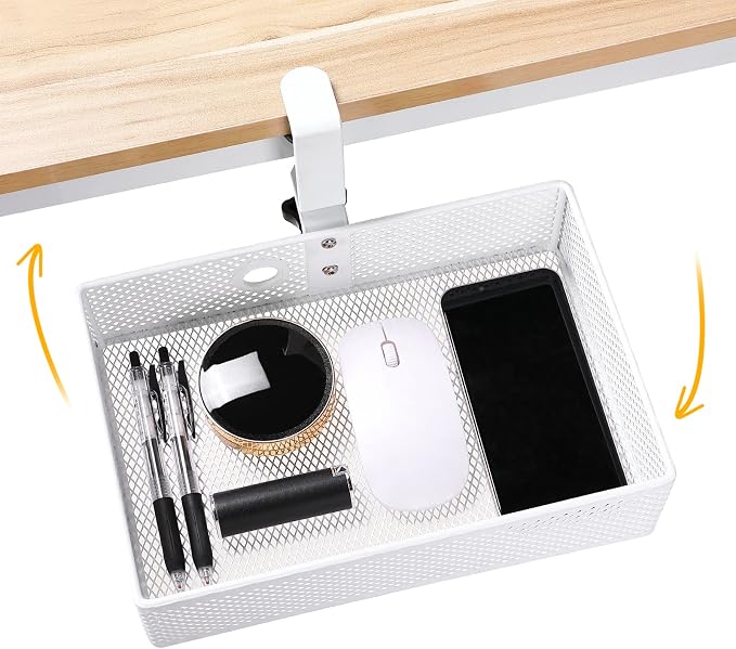 Under Desk Drawer, Clamp on Desk Organizer Hanging Desk Storage Under Table | Under desk organizer: clamp on desk drawer, 360° rotating desk basket, hanging desk organizer, clamp on desk shelf, no-drill