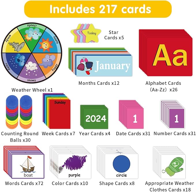 Circle Time Learning Center, Teaching Shape Circle Time Pocket Chart with 221 Cards, Educational Pocket Chart Teaching Materials, Learning Calendar Weather Counting Letter Color Shape etc