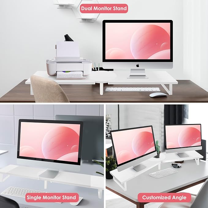 Across-Star Dual-Monitor Stand for Desk - Large Adjustable Length and Angle Riser for 2 Monitors, Double Computer Desktop Organizer, Shelf for TV, Laptop, Printer