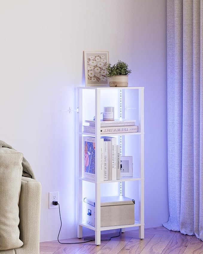 Open Book Shelf with LED Lights, 4 Tier Small Bookshelf, Narrow Freestanding Shelf Bookcase with Open Shelves, 14.96" x 10.63" x 41.26", Book Shelves for Living Room, Office, Study, White