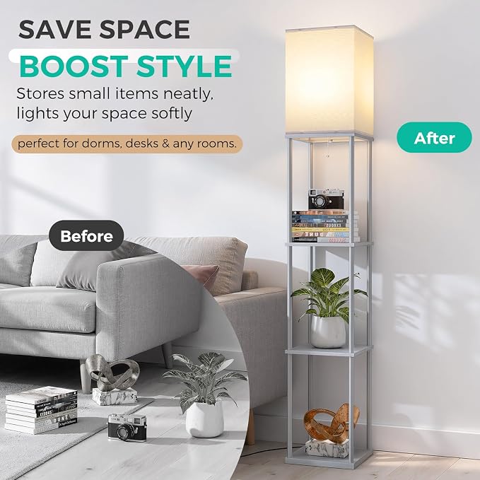 Floor Lamp with Shelves, 3-Tier Modern Square Bookshelf Standing Lamp Grey | 3 Color Temperature Bulb Included, Pull Chain Tall Lamp for Living Room Bedroom Corner Office Apartment Decor
