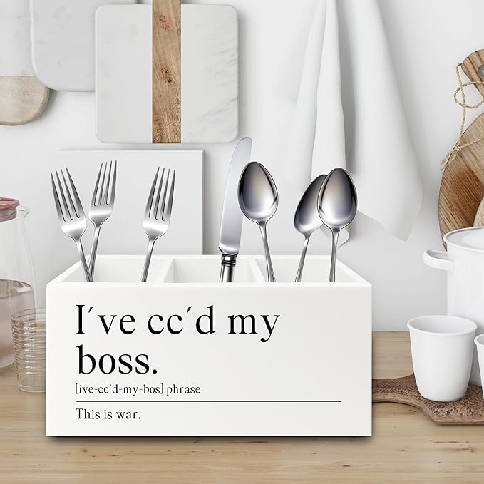 XPH Funny Office Pen Pencil Holder Organizer for Desk, Coworker Gifts for Women Men, I've Cc'd My Boss Funny Wooden Box Sign for Home Office Workplace Desk Tabletop Decorations