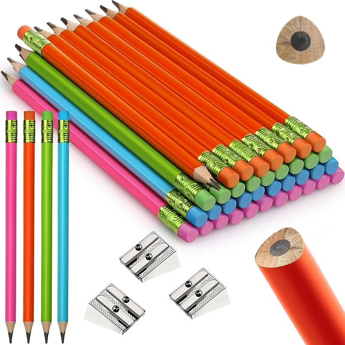 Fainne 48 Pcs Large Pencils 3 Sharpeners,Multicolor,Triangle,Fat Pencils