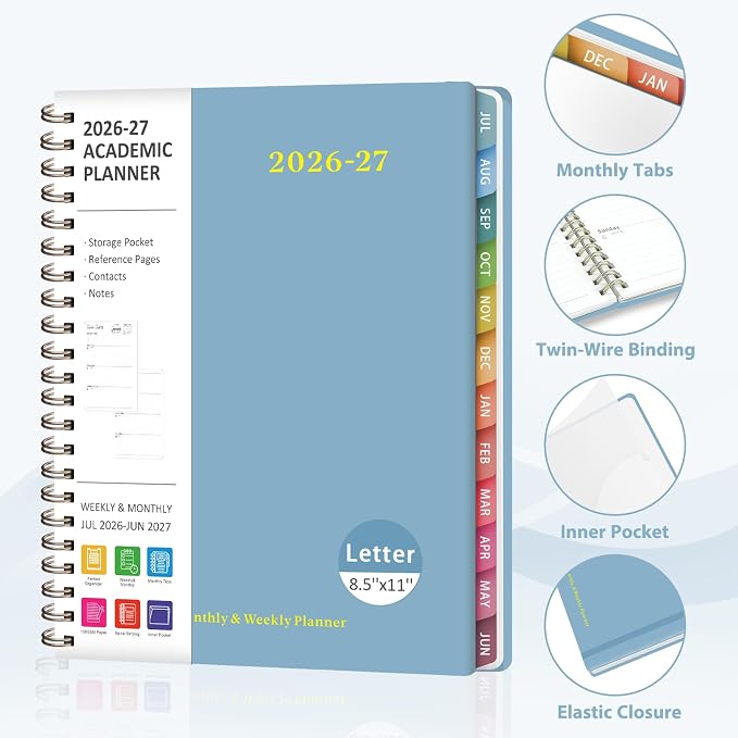 Planner 2026-2027, Weekly and Monthly Academic Year Calendar Planner, July 2026 - June 2027, Daily Agenda Book for Office School Supplies, Letter Size(8.5'' x 11'')
