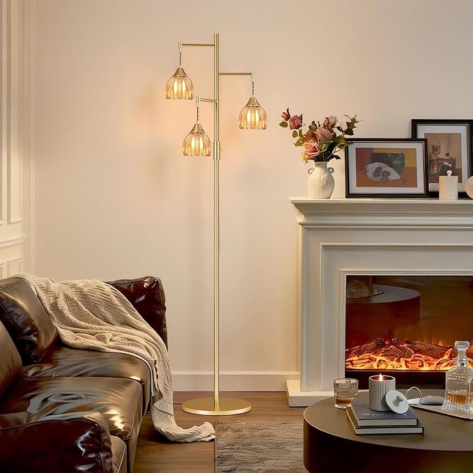 Shenmoyl Stepless Dimming Floor Lamps for Living Room, Bedroom, Gold Standing Lamp with 3pcs 6W Bulbs, Vintage Brass Floor Lamp for Corner, Nursery (Amber Tulip)