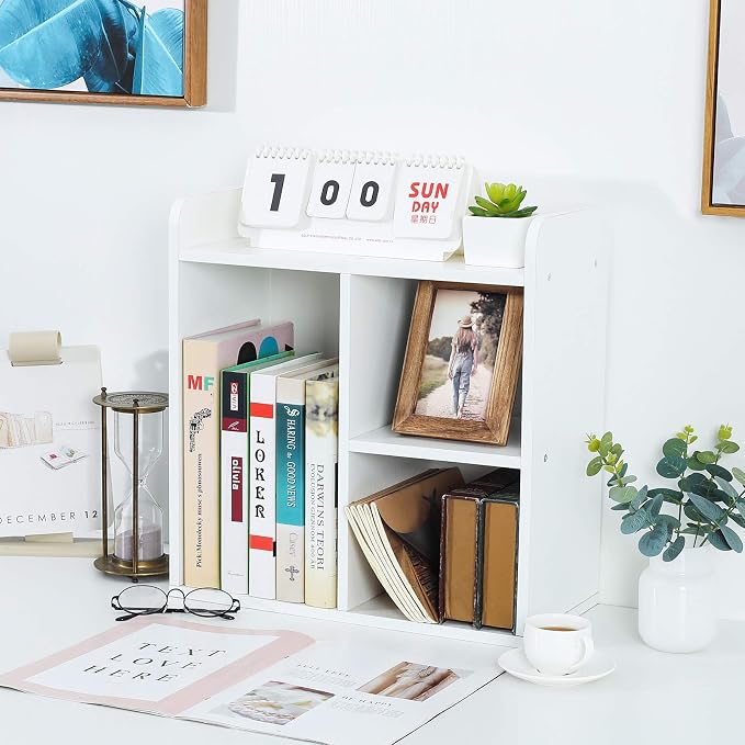 Desktop Shelf Freestanding Wood Small Bookshelf Desk Supplies Organizers and Accessories Storage Display Rack Office Decor for Women, White