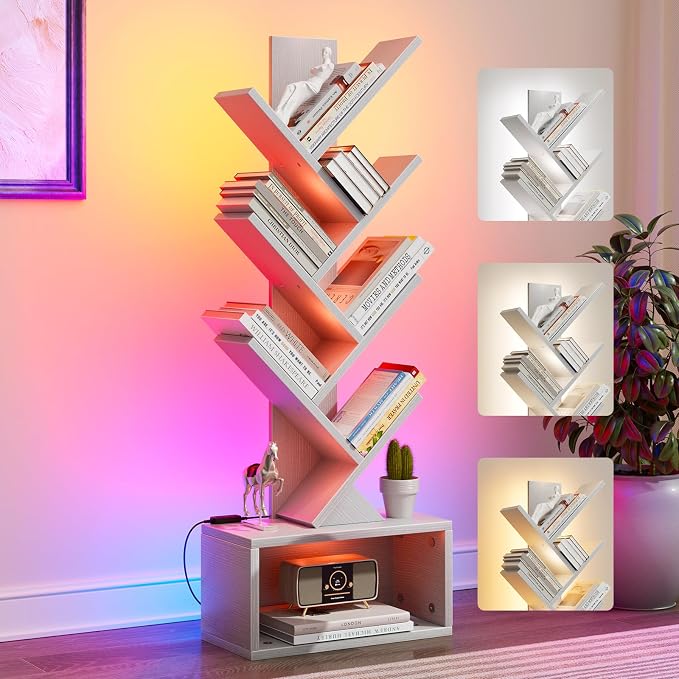 Evermagin 6 Tier Tree Bookshelf with Lights, LED Book Tree Bookcase | White with Storage Organizer, Small Corner Bookshelf Floor Standing Book Shelf for Living Room, Bedroom & Home Office