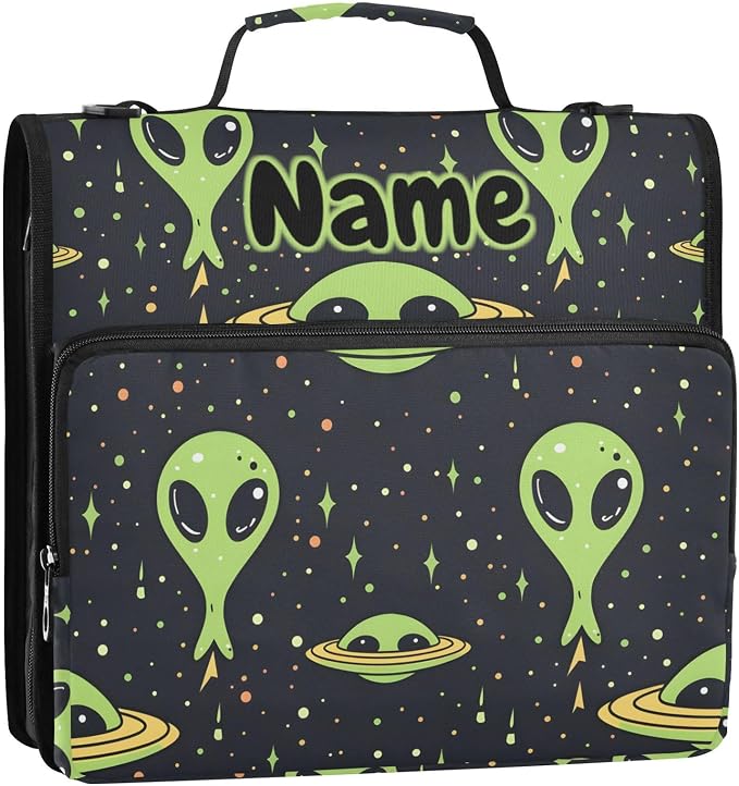 Custom Green Aliens Space 3 Ring Binder Bag 1.5 inch Personalized Name Binder Organizer 500 Sheet Documents Storage for School Office