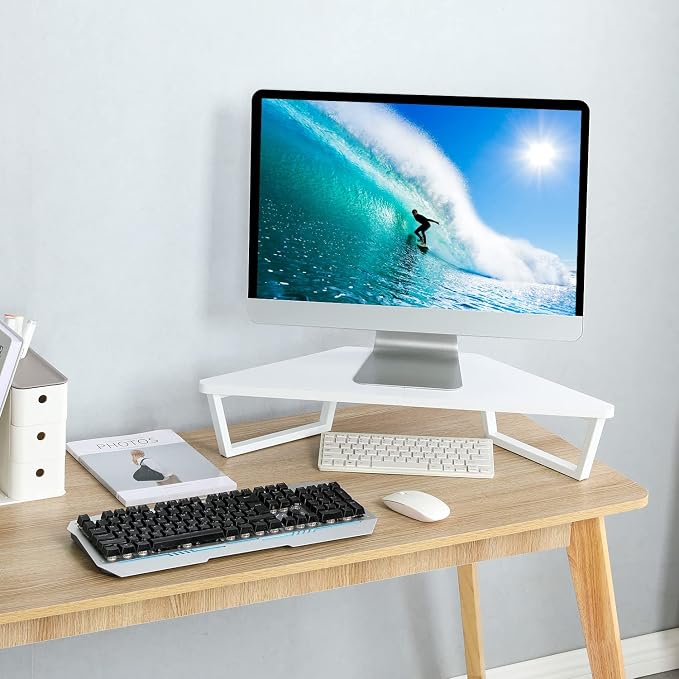 TEAMIX 26 inch White Triangle Monitor Stand Riser, Desktop Corner Shelf with Metal Leg Wood Computer Stand with Storage Laptop Riser Office Organization | Triangle Monitor Stand, Wood & Metal Computer Stand, Laptop Riser, Desktop Organizer, for L Shape...