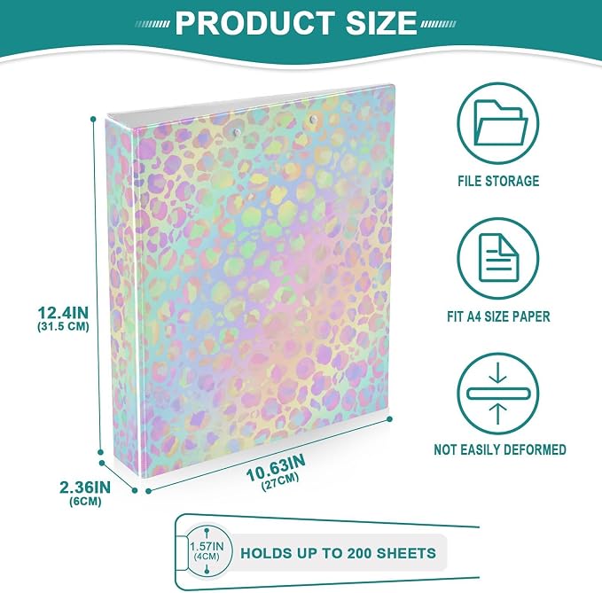 3 Ring Binder, Rainbow Leopard Print Neon File Folder Holds 200 Sheets File Storage for Women Men School Office Supplie