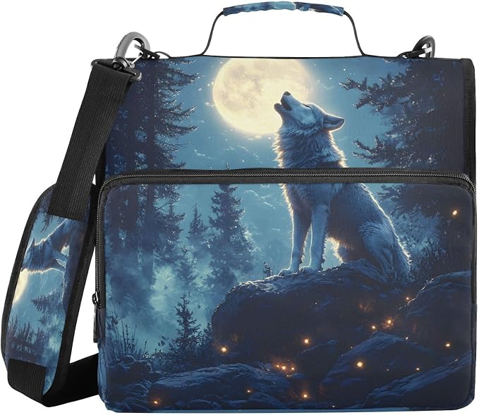 3 Ring Zipper Binder with Shoulder Strap Wolf Moon Galaxy Winter Forest 2 Inch Zippered Binder Bag 500 Sheet Capacity Multi Pockets for School Supplies