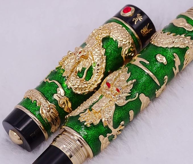 Jinhao Double Dragon Rollerball Pen Green Cloisonne Enamel Handcraft for Signature and Collection