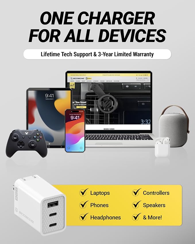 Scosche PowerVolt 70W Fast Charging Compact 3-Port Wall Charger Block, Dual USB-C & USB-A GaN Power Delivery Adapter with Foldable Plug for iPhone 16/15 Pro, iPad, MacBook Air, Galaxy S25/S24 & More