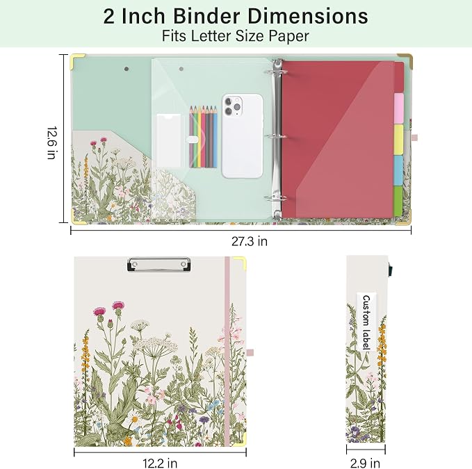 3 Ring Binder 2 Inch for Letter Size 8.5" x 11" Paper, Clipboard Binder with 5 Tabbed Dividers with Pockets, Plastic Folder and 40 Divider Stickers, School and Office Supplies, Garden Flowers