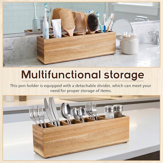 Jetec Wooden Pencil Pen Holder for Desk 6 Compartments Wood Office Desk Organizers for Countertop Adjustable Makeup Brush Organizer Silverware Caddy for Party, Home, Art Supplies (Acacia Wood)