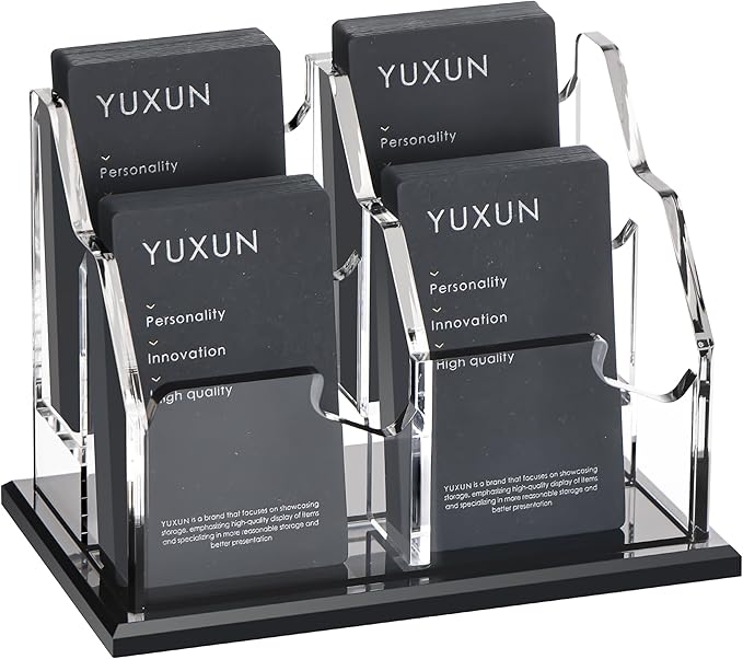 YUXUN Business Card Holder for Desk Vertical 2 Tier 4 Slot ,Black Acrylic Business Card Display Stand for Men & Women,Desktop Business Card Organizer for Office Home Exhibition, 200 Card Capacity