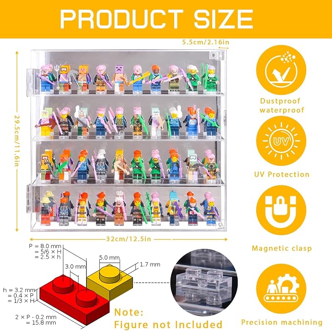 Acrylic Minifigure Display Case, Clear Display Cases for Collectibles with Mirrored, Figure Building Blocks Shadow Box, Small Anime Figure Thimble Showcase Holds 40 Minifigs (Figure not Included)