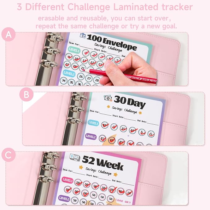 2 Pack 100 Envelopes Money Saving Challenge, Cash Budget Planner A5 Binder | Savings Challenges Book Organizer Folder with 3 Tracker to Save $5,050 $2,600 $300, 100 Pre-numbered Pockets, Pink & Black