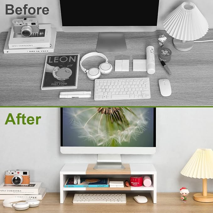 TEAMIX 20 inch Monitor Riser Stand - 2 Tiers, Wood Morden Desktop Bookshelf | Laptop/PC/Printer/Keyboard Storage, Ergonomic Design, 15mm thick Sturdy Wood Boards, TV Stand, Home Office Desk Accessories