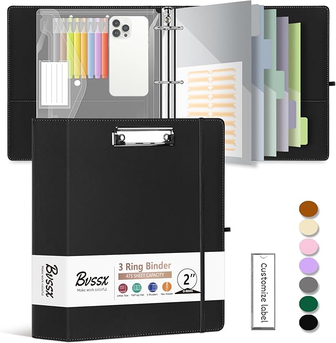 Leather 3 Ring Binder, 2 Inch Binders with Clipboards, 5-Tabs Pockets Dividers, 18 Divider Stikers, Plastic Folder, Pen Holder, Three Ring Binder with Pen Holder(Black, Letter Size)